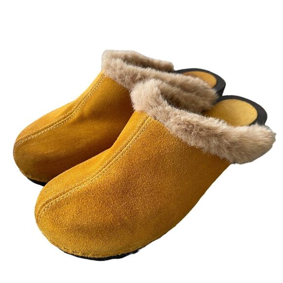 Anthropologie x Charles David 7 Shearling Clogs Suede Fur Slip On Shoes Yellow - Picture 6 of 9